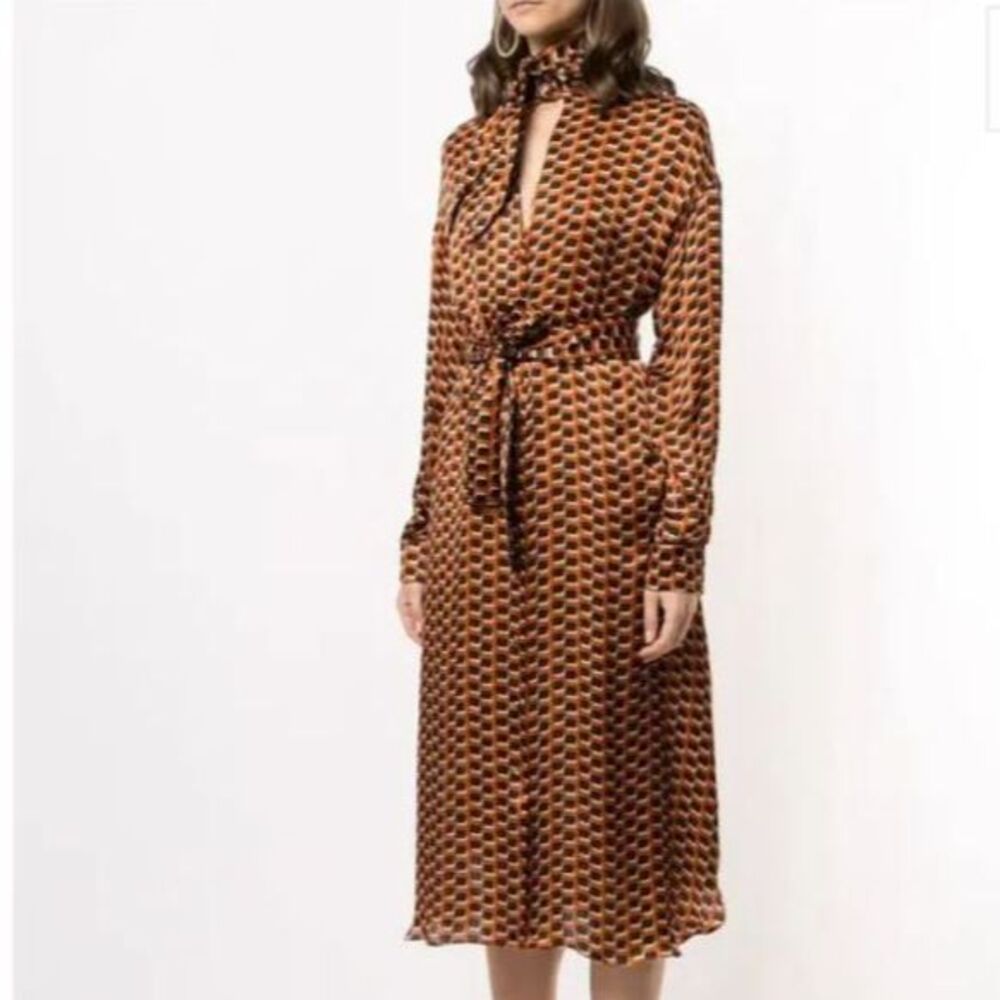 Alexis Long Sleeve Geometric Knee Length Silk Shirt Dress Brown Orange Small
